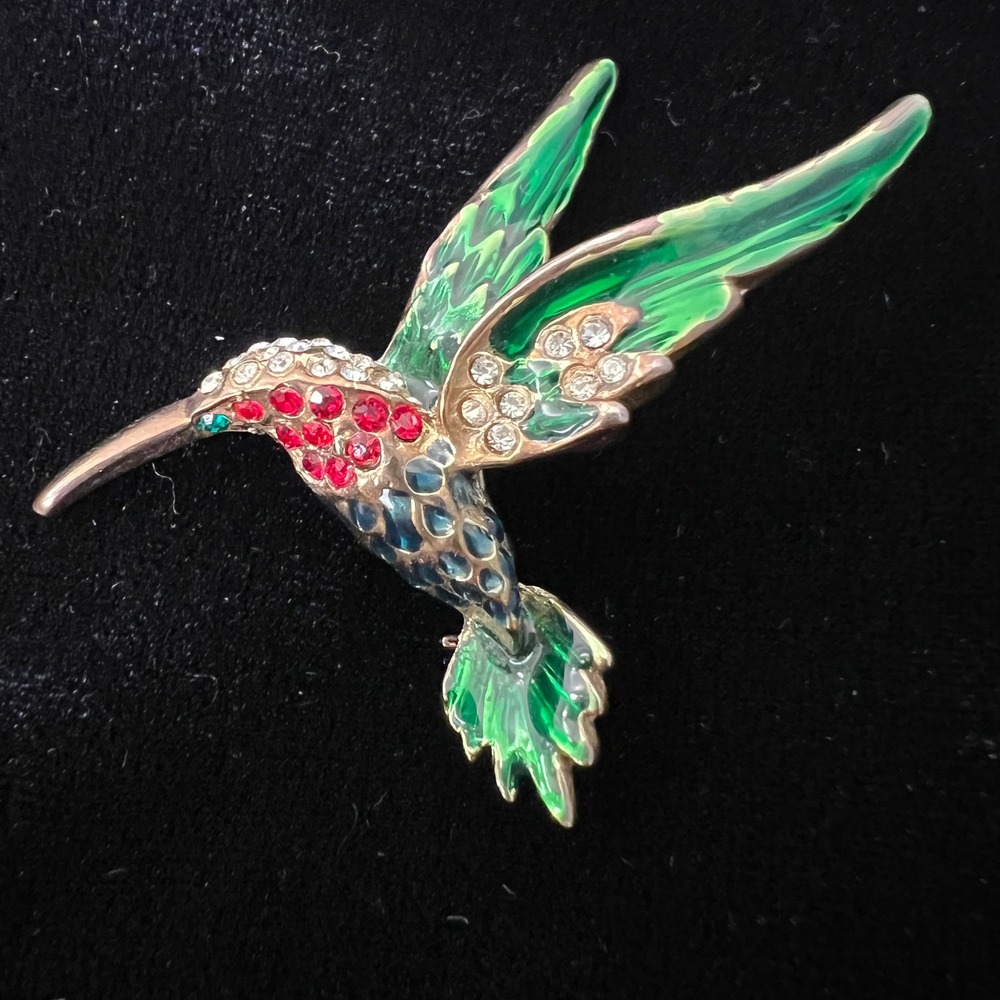 Vintage Hummingbird Brooch Gold Tone Green Enamel Red Rhinestone Bird Pin